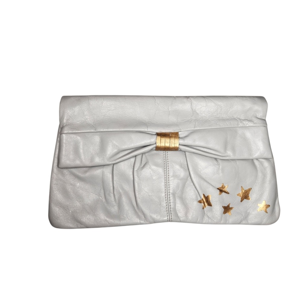 Vintage 80s 90s Slouchy Leather Bow Clutch Star Celestial Hand Painted Gray Gold